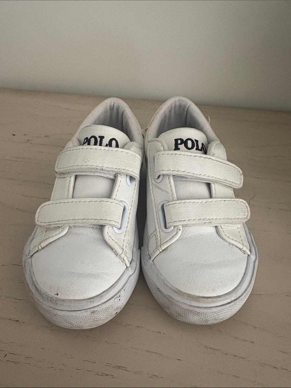 Ralph Lauren White Leather Kids Polo Velcro Sneakers with Navy Trim